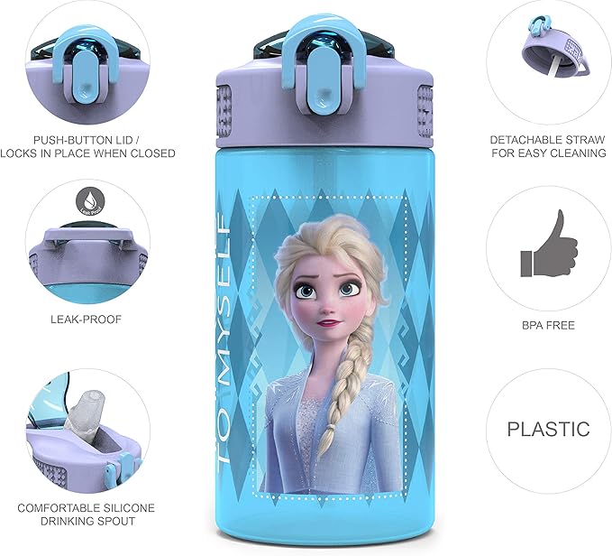 Zak Designs Disney Frozen 2 Kids Water Bottle with Spout Cover and Carrying Loop, Durable Plastic, Leak-Proof Water Bottle Design for Travel (16 oz, 2-Pack, Non-BPA, Elsa & Anna)