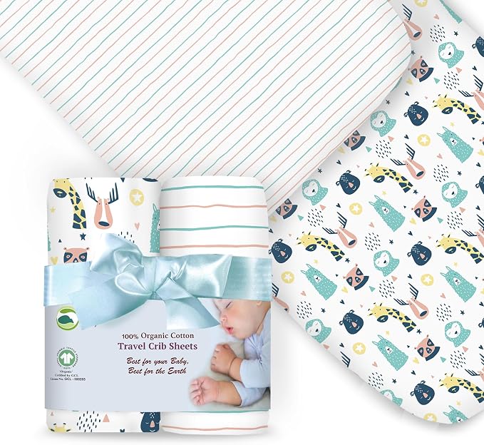 100% Organic Cotton Fitted Travel Crib Sheets, Perfectly Compatible with Guava Lotus, BabyBjorn, Dream On Me and All mattresses 22-26" Wide by 40-44" Long. Strap Holes in Corners. 2 Pk