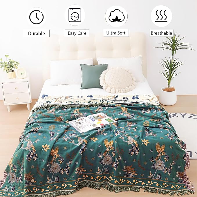 VANJOROY Boho 100% Cotton Large Throw Blanket King - All Season Rustic Ultra Soft Breathable Floral Bird Blanket for Bed Sofa Couch Chair Bedspread Quilt Gift, 91" x 108"-Teal/Beige