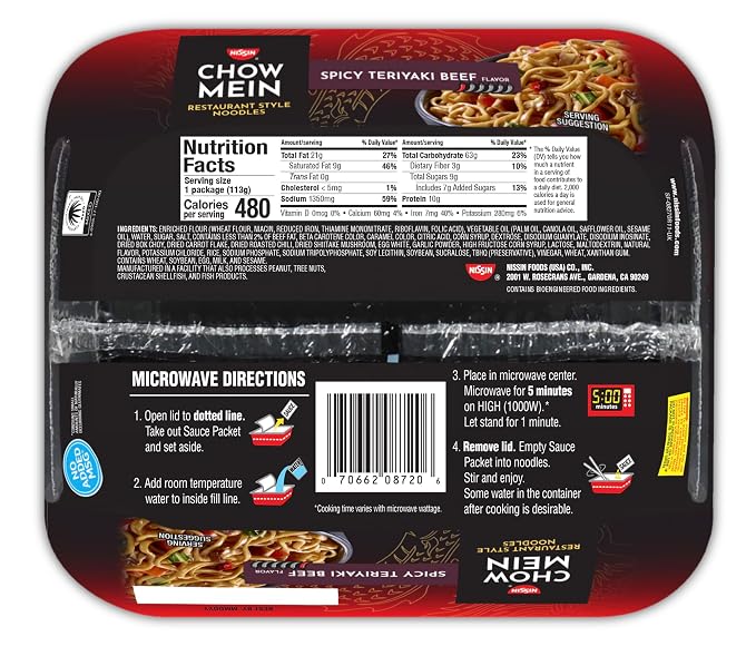 Nissin Chow Mein Noodles, Spicy Teriyaki Beef, 4 Ounce (Pack of 8) | 10g Protein