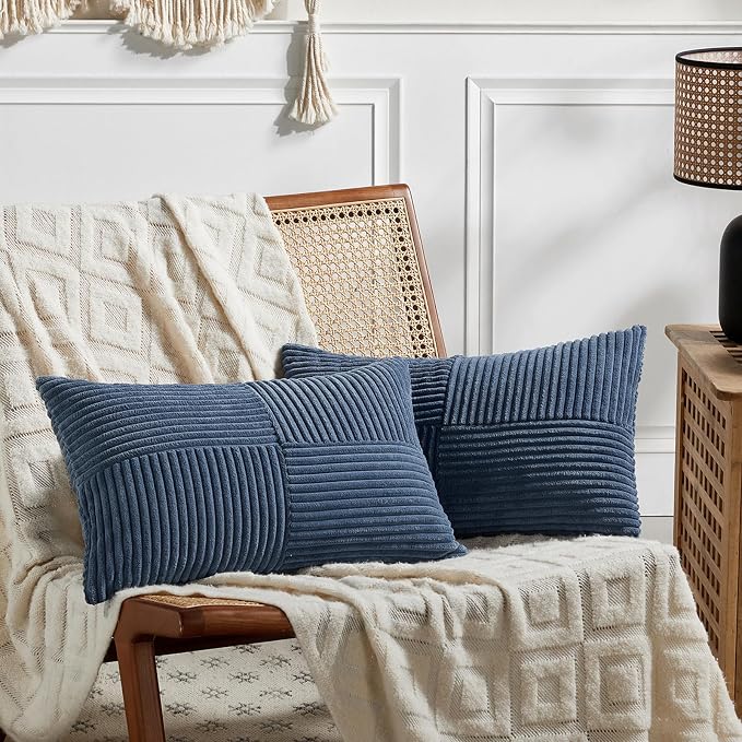 Fancy Homi 2 Packs Dusty Blue Lumbar Decorative Throw Pillow Covers 16x32 Inch for Couch Bed Sofa, Rustic Farmhouse Boho Home Decor, Soft Striped Corduroy Rectangle Accent Cushion Case 40x80 cm