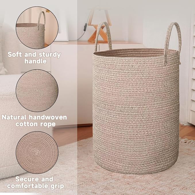 JMvicyroam 60L Cotton Rope Laundry Basket Hamper, Oatmeal | Collapsible laundry basket, reinforced handles, freestanding, machine washable, holds 3-5 thick blankets, clothes or toys