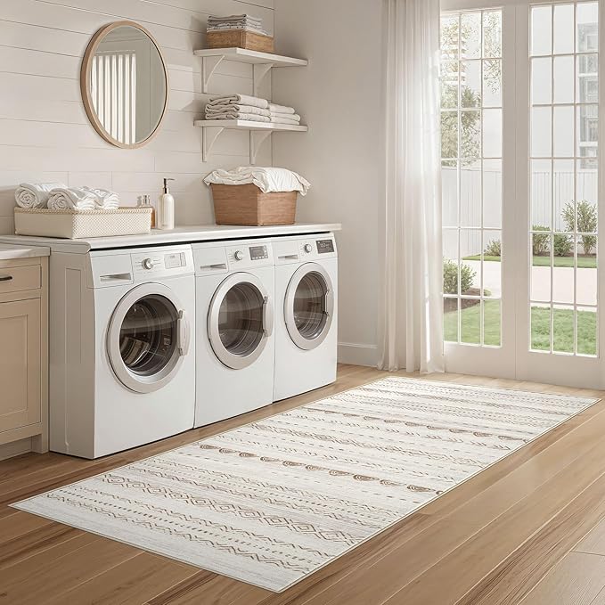 Nakagishi Boho 2x6 Runner Rug Machine Washable Rugs Non Slip Beige/Brown | Soft Underfoot, Stain Resistant, Carpet for Bedroom/Kitchen/Entryway/Hallway, Bathroom Pet & Kid Friendly Moroccan Farmhouse