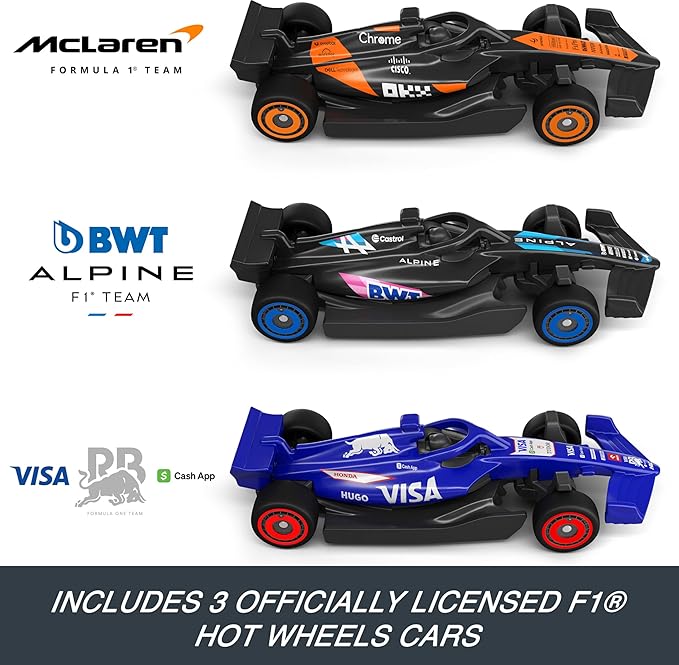 Hot Wheels Toy Car Track Set, 3 Formula 1 Die-Cast Vehicles in 1:64 Scale: McLaren F1 Team, Alpine & VCARB, Sprint Race Circuit (Teams May Vary)