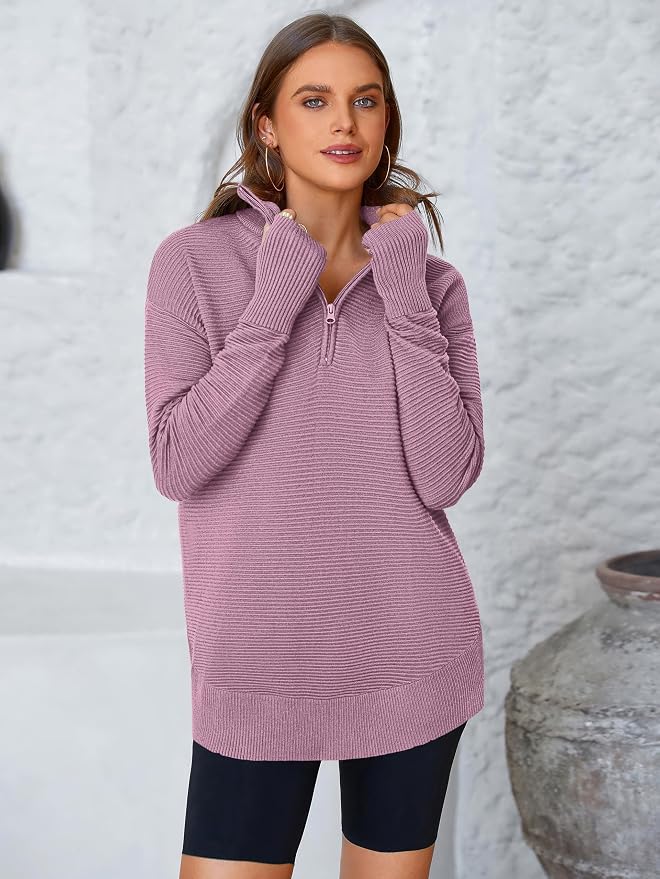 PRETTYGARDEN Womens Long Sleeve Quarter Zip Pullover Sweater Casual Loose V Neck Collared Ribbed Knit Jumper Tops Thumb Hole