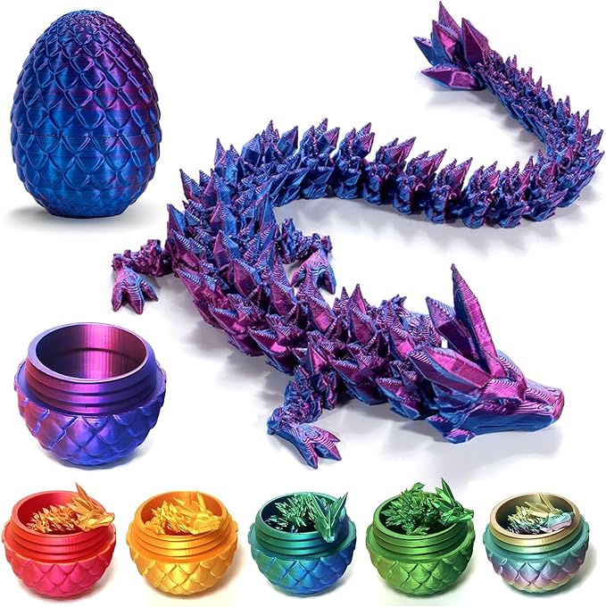 Pigmiss 2Packs 3D Printed Dragon Egg Crystal Dragon Fidget Toy Full Articulated Dragon Mystery Dragon Eggs with Dragon Inside Home Office Desk Decor Gifts Toys (Purple+Rainbow)