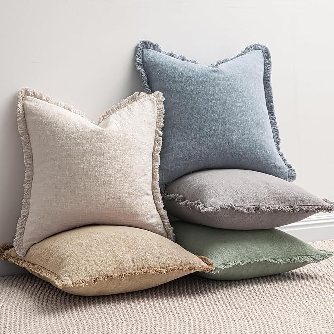 MIULEE Linen Fringe Decorative Euro Throw Pillow Covers Light Blue 26x26 | Set of 2, Cottagecore Decor, Boho Farmhouse Coastal Pillow Covers, Rustic Couch Cushion Cases for Sofa Bed Living Room
