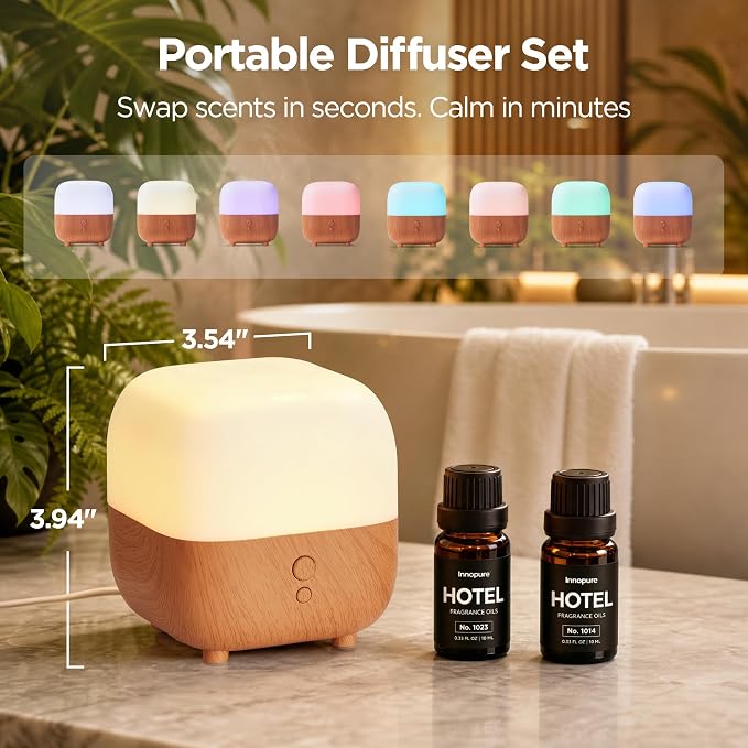 InnoGear Essential Oil Diffuser & 2 Hotel Oils Set, 150ml Diffusers for Home with 5-Star Hotel Collection Diffuser Oils Set Cool Mist Mini Humidifier Scent Fragrance Gift Set