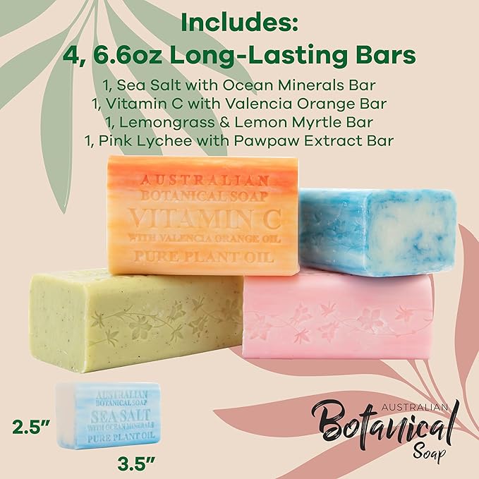 Australian Botanical Soap Vegan Friendly 4 Bar Variety Pack – Sea Salt, Lemongrass, Pink Lychee & Valencia Orange, Triple Milled 6.6 oz Bars with Shea Butter
