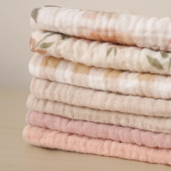 Konssy Baby Muslin Washcloths 7-Pack, 100% Cotton Baby Bath Washcloths, Soft & Absorbent Wash Cloths and Burp Cloths for Newborn Kids Girls & Boys, 11x11 inches
