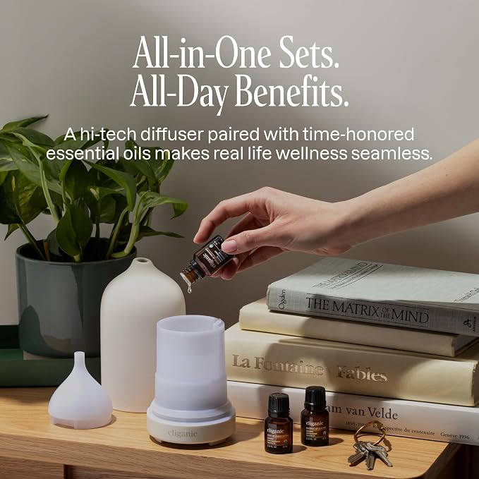 Cliganic Serenity Essential Oils Diffuser Set – Aromatherapy Humidifier with LED for Home, Office & Bedroom Includes Frankincense, Lavender, Grounded & Sleep Essential Oils Christmas Gift Kit