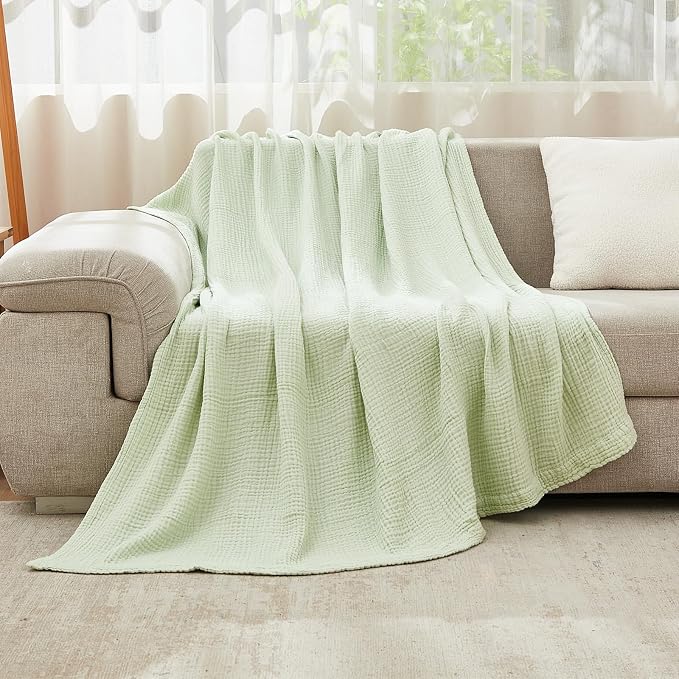 EMME Muslin Blankets for Adults Throw Blanket for Couch Breathable Gauze Soft Lightweight Airy Mint Green Twin XL 66" x 90"