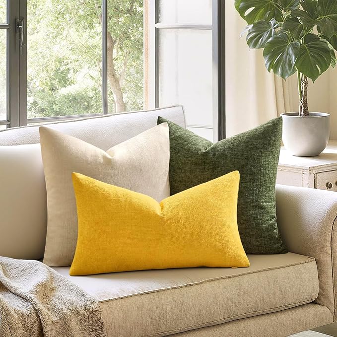 MIULEE Yellow Chenille Couch Lumbar Throw Pillow Covers, 12x20 | Set of 2, Soft Farmhouse Modern Home Decor, Decorative Pillowcases for Sofa Living Room Bed