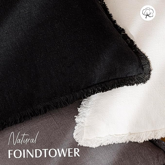 Foindtower Set of 2 Decorative Linen Fringe Throw Pillow Covers Cozy Boho Farmhouse Cushion Cover with Tassels Soft Accent Pillowcase for Couch Sofa Bed Living Room Home Decor, 16×16 Inch, Black