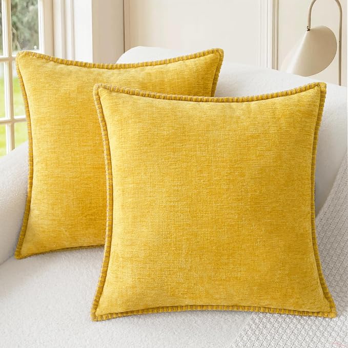 CaliTime Decorative Throw Pillow Covers 22 X 22 Inches Mustard Yellow | Pack of 2, Cozy Chenille Cushion Cases, Cotton Thread Stitching Edges, for Couch Sofa Bed Living Room Farmhouse