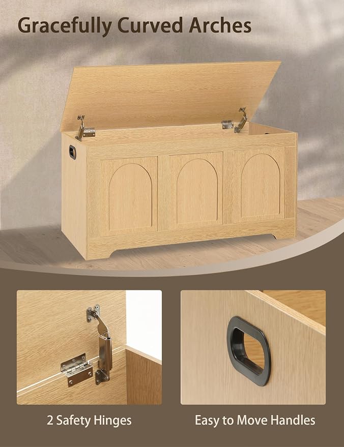 Storage Chest, Wooden Toy Box, Natural 39.4" L | Entryway Shoe Bench, 2 Soft-close Hinges, Finger-safe Flip-Top Lid, Easy Assembly, Farmhouse Large Trunk, Living Room/Bedroom