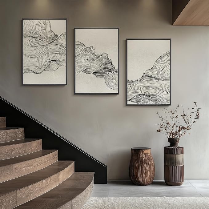 Large Framed Black and Beige Neutral Abstract Wall Art for Living Room, 3 Piece Modern Canvas Prints Paintings Artwork for Walls, Minimalist Lines Pictures for Hallway Stair Office Wall Decor 24x36 In