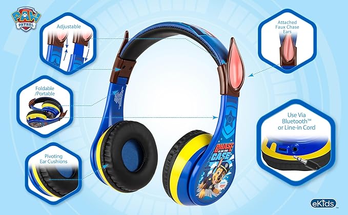 eKids Paw Patrol Chase Bluetooth Headphones for Kids, Wireless Headphones with Microphone Includes Aux Cord, Earphones for School, Home, or Travel (Paw Patrol Chase)