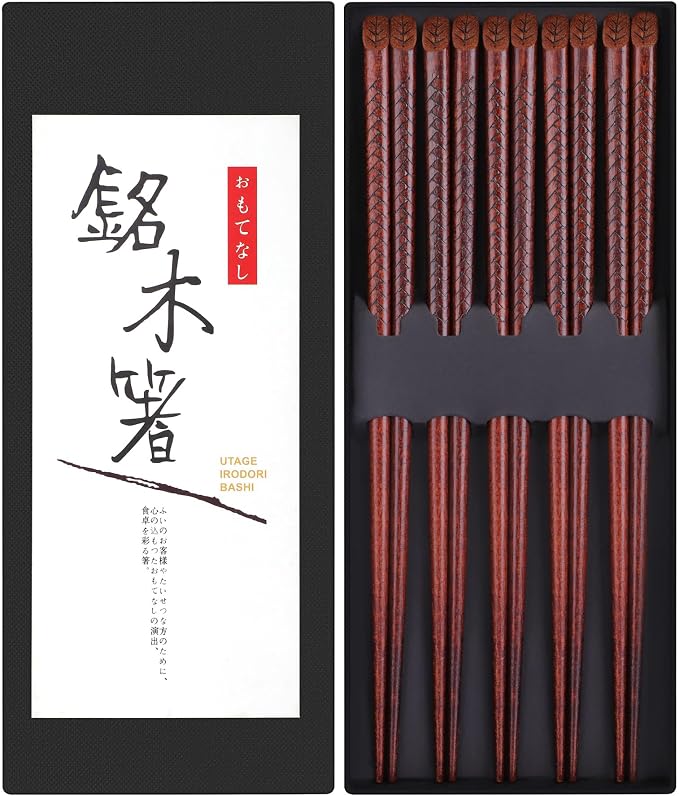 Antner 5 Pairs Hardwood Chopsticks Japanese Style Reusable Hand-Carved Chopsticks Natural Wood Chop Sticks with Gift Box, Dishwasher Safe