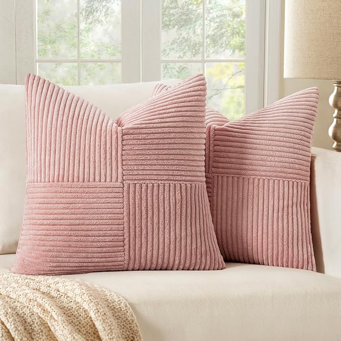 MIULEE Pink Decorative Throw Pillow Covers for Couch 18x18 Inch | 2 Pack, Boho Farmhouse Pillow Covers, Soft Cross Corduroy Patchwork Textured Cushion Cases For Bed Sofa