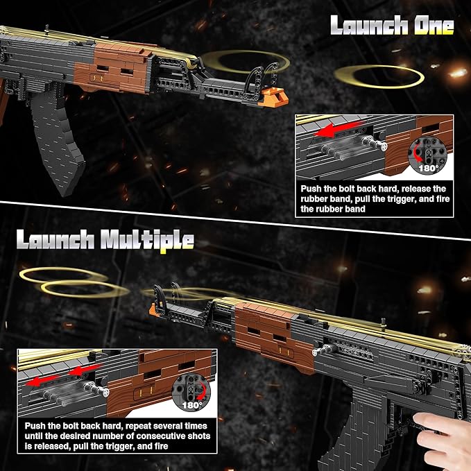 Building Block Gun for Adults, 1: 1 AKM-47 Model Gun That Shoot Rubber Band Educational Toys DIY Assembling Building Toys Set for Boys Age 14+, Collectible Gift for Military Weapon Toy Lovers,1166Pcs