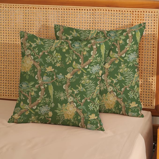 Floral Bird Pillow Covers 18x18 Set of 2 Chinoiserie Green Throw Pillow Covers Vintage Flowers Bird Decorative Pillow Cases Outdoor Chinoiserie Decor Farmhouse Cushion Case for Couch Sofa