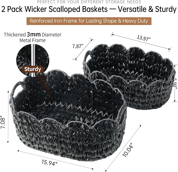 Coeusy Wicker Scalloped Basket Set of 2,Woven Storage Baskets for Shelves,Closet,Laundry,Gift,Towels,Books,Toys,Waterproof Decor Basket for Organizing,Black Oval