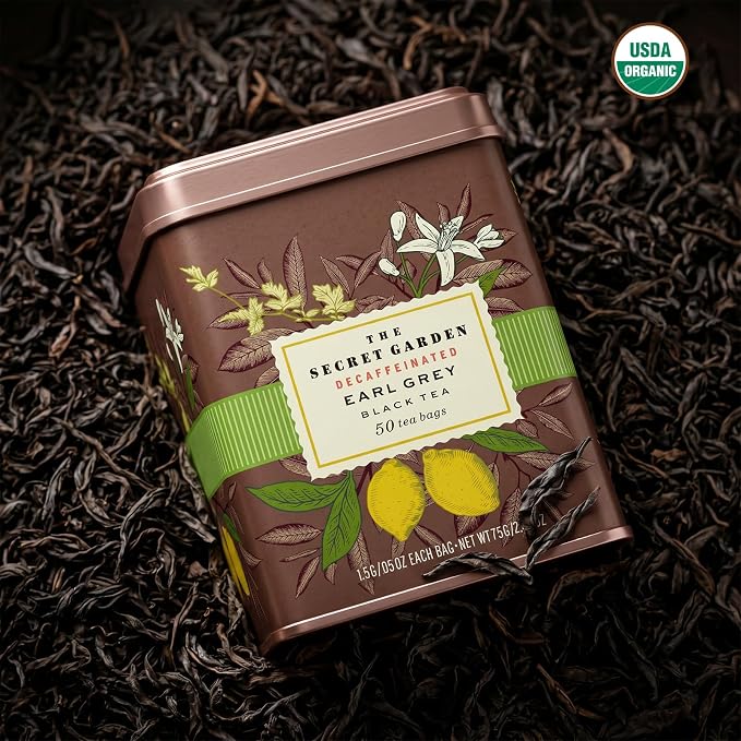 Life Plus Style Gourmet The Secret Garden Decaffeinated Earl Grey Black Tea 50 Premium Tea Bags Natural Bergamot Citrus Flavored Non GMO Gluten Free Hot or Iced Tea Gift Tin