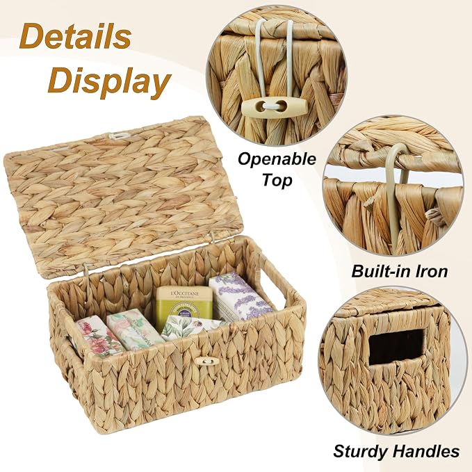 ORDELITE Water Hyacinth Wicker Storage Basket with Lid, Small | Decorative Box, Built-In Handles, Baskets for Organizing, Shelf Organizer Bin, Rectangular Woven Design, 10.2 x 6.3 x 3.9