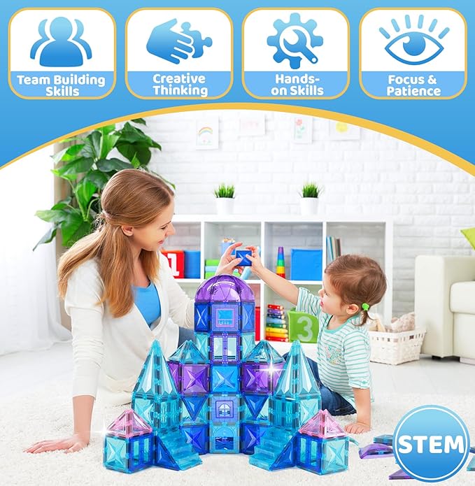 130PCS Magnetic Tiles, 3D Diamond Magnetic Blocks, Magnet Tiles for Kids Age 3-5 4-8 8-12, STEM Sensory Educational Magnet Toys for Kids Girls Boys Birthday Xmas Gifts