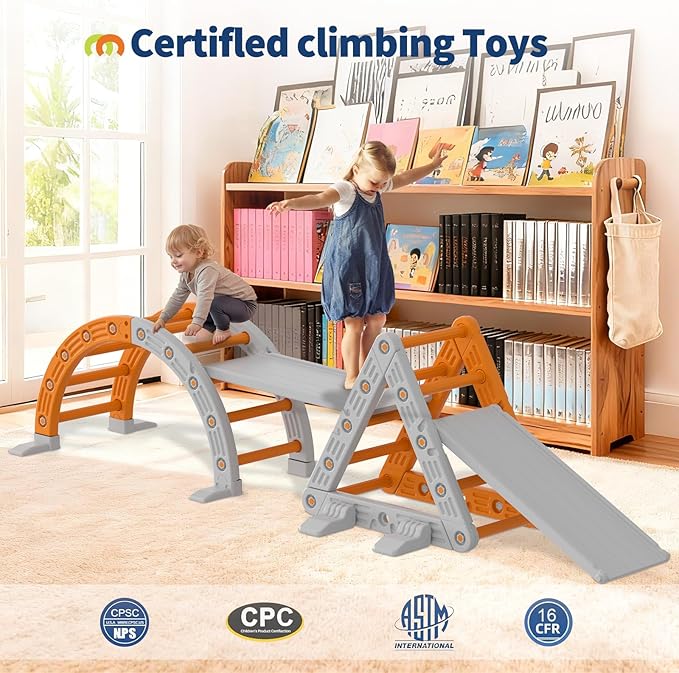 Garvee 9-in-1 Triangle Set, HDPE PP Plastic Climbing Set, Durable 1-8 Toddler Climbing Toys Indoor with Arch, Ramp, Ladder & Slide, Indoor Playground Jungle Gym Playset, Orange