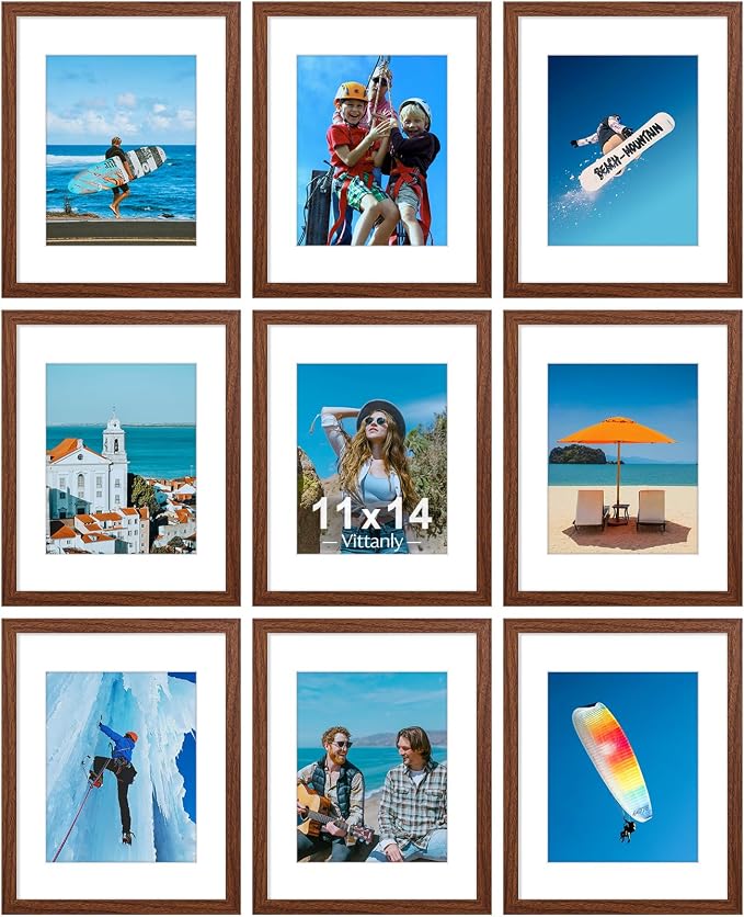 Vittanly 11x14 Picture Frames Set of 9 for Wall Mounting, Wood Grain Brown | Display Pictures 8x10 with Mat or 11x14 without Mat, Engineered Wood with Shatter Resistant Plexiglass, Gallery Photo Frames