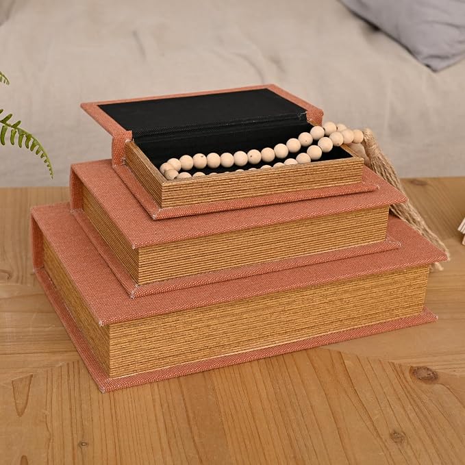 DECOR4SEASON Decorative Book Boxes Set of 3 – Modern Faux Linen & Wood Hidden Storage for Coffee Table – Stackable Fake Books for Shelf Decor, Remote Control & Jewelry Organizer (Rust Brown)
