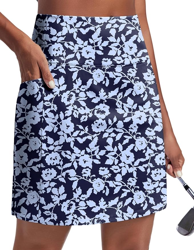 PINSPARK 19" Knee Length Skorts for Woman with Pockets UPF 50+ Golf Skirts | 4 Pockets, Built-in Shorts, High Waisted & Tummy Control, Moisture-wicking for Golf Athletic Tennis Workout Casual