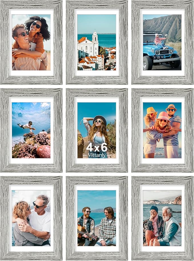Vittanly 4x6 Picture Frames Set of 9 for Wall or Tabletop Display, Grey | Display Pictures 3.5x5 with Mat or 4x6 without Mat, Small Photo Frames, Engineered Wood with Shatter Resistant Plexiglass