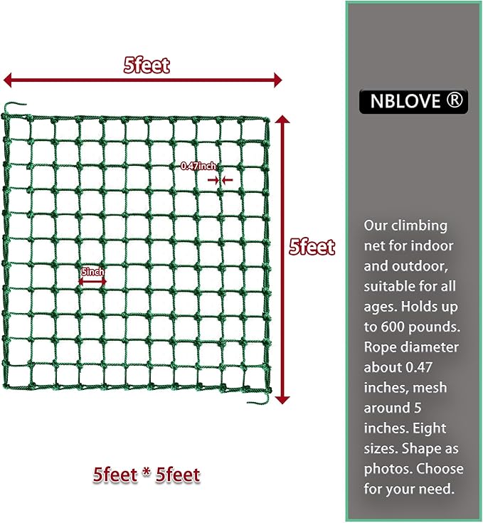 Outdoor & Indoor Premium Climbing Net - 8 Sizes Polyester Fiber. Easy Install with Extras. Handcrafted & Practical. Ideal Gift. (5ft x 5ft)