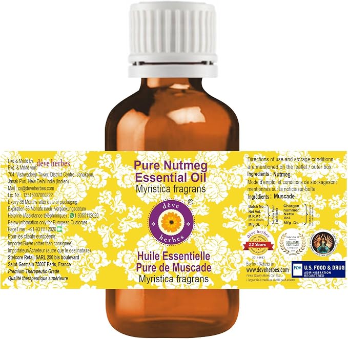 Deve Herbes Pure Nutmeg Essential Oil (Myristica fragrans) Steam Distilled 5ml (0.16 oz)