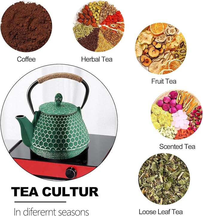 Cast Iron Tea Pot - Honeycomb Pattern Tea Kettle with Tea Leaf Infuser,Stovetop Tea Kettle Coated with Enameled Interior,Suitable for Brewing Loose Leaf Tea (green)