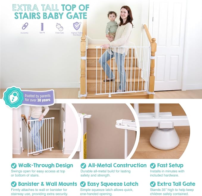 Regalo Safety 35" Extra Tall Baby Gate for Stairs, Wall Mounted 2-in-1 Wide Stair Gate for Babies, Toddlers, & Pets, Includes Banister and Wall Mounting Kit, White