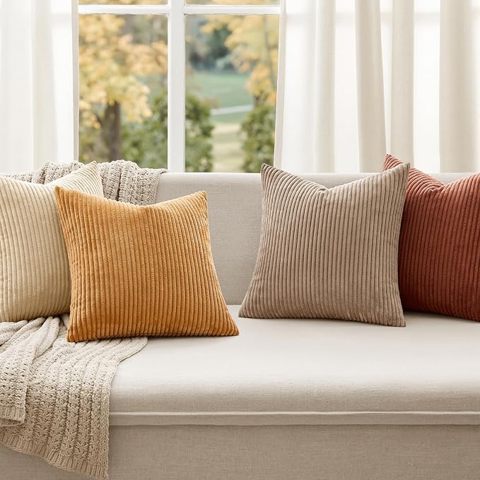 MIULEE Fall Corduroy Decorative Throw Pillow Covers Terracotta 18x18 | Set of 4, Organic Earthy Decor, Mogao Mural Inspired Palette, Boho Farmhouse Cushion Covers for Couch Bed Sofa Living Room