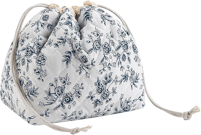 uekeboag Cotton Quilted Drawstring Makeup Bag with Canvas Lining,Coquette Aesthetic Cute Travel Toiletry Bag,Drawstring Gift Bag for Women and Girls（16Dark Blue）