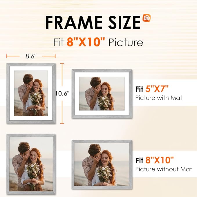 FIXSMITH 8x10 Picture Frame 2 Pack, Marble Gray Photo Frame with HD Plexiglass, Display Pictures 5x7 with Mat or 8x10 Without Mat, Marble Gray Multi Picture Frames Collage for Tabletop or Wall Display