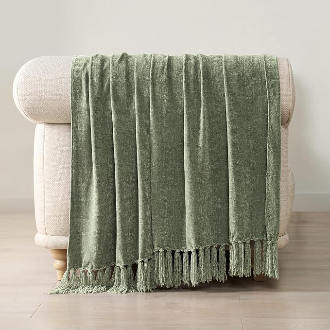 Chenille Knit Throw Blanket for Couch, 60"x80", Sage Green | Cozy Plush Fuzzy Knittd Throw with Tassels, Lightweight, Decorative, Farmhouse Decor, Ideal for Bed Sofa Gift, All Seasons