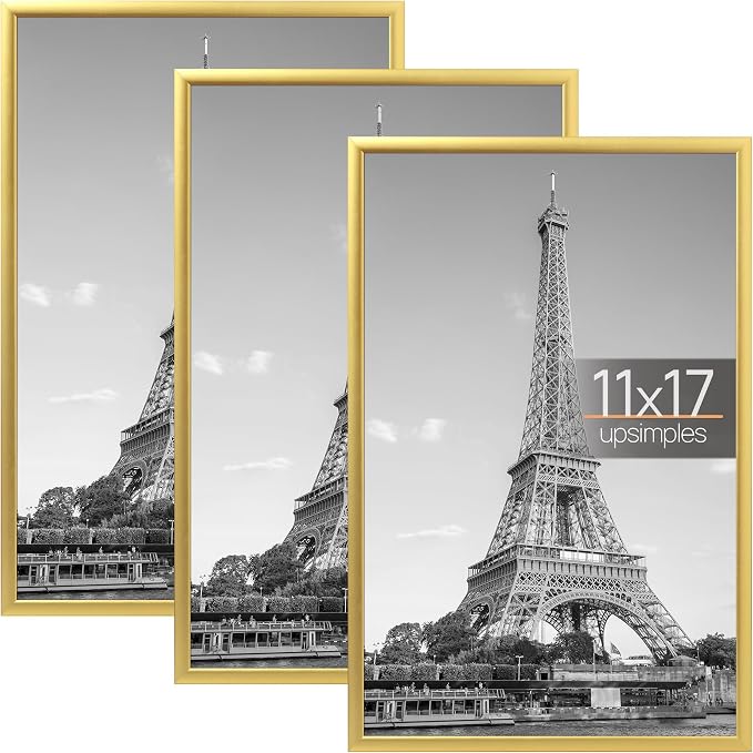 upsimples 11x17 Poster Frame, Easy Slide-In Assembly, Gold, 3 Pack | Gallery Wall 11 x 17 Picture Frames Set for Family, Wedding, Christmas, Easy to Change Photos