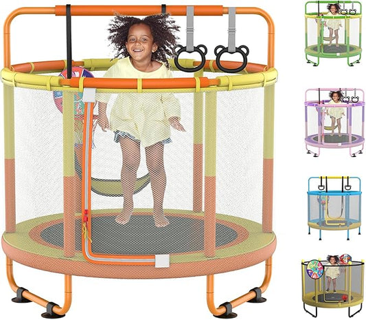 LANGXUN 60" Trampoline for Kids, 5ft Toddler Mini 6-in-1 Trampoline Indoor Outdoor with Swing, Basketball Hoop, Dart Board, Gymnastics Bar, Rings, Christmas Toys Birthday Gifts for Girls Boys