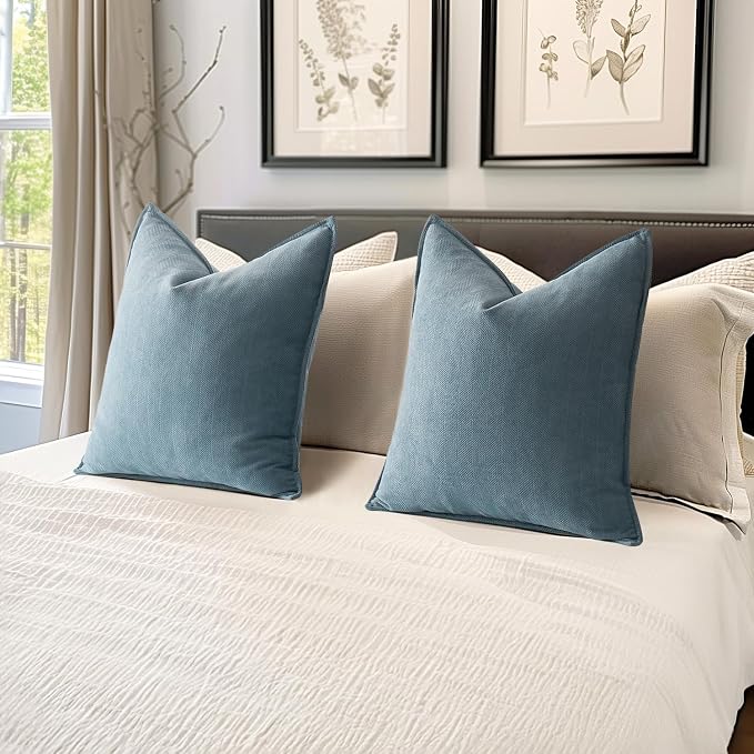 MIULEE Pack of 2 Dusty Blue Euro Shams Chenille Pillow Covers 22x22 Inch | Decorative Soft Couch Throw Pillows,Farmhouse Cushion Covers,Elegant Design for Sofa,Bed,Living Room,Summer Decor