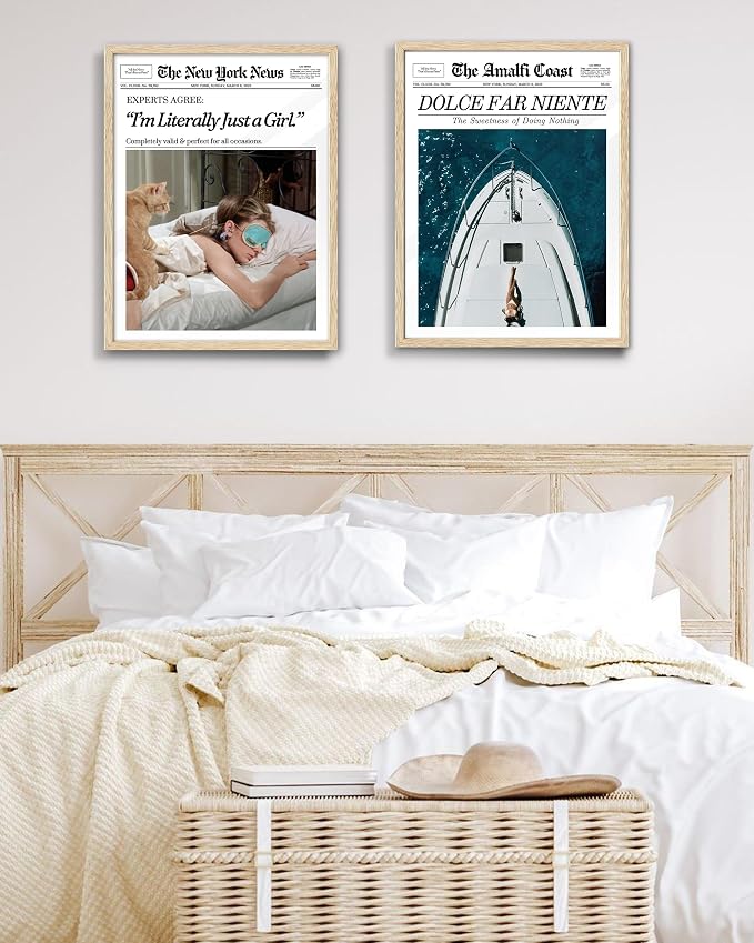 EcoHest 12x16 in Audrey Hepburn I'm Literally Just a Girl Framed Wall Art | Natural Oak Wood Frame with Canvas Wall Art, Vintage Newspaper Wall Decor for Bedroom, Bathroom, Apartment, Dorm Room, 1Pack