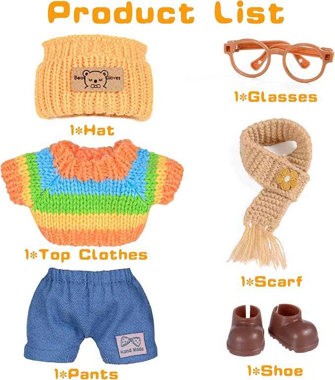 Knit 17cm Doll Clothes Accessories Set Include: 1 Hat, 1 Sweater, 1 Pants, 1 Scarf, 1 Glasses and 1 Shoes for Dress up Your Dolls (Doll Not Included), Knit #1