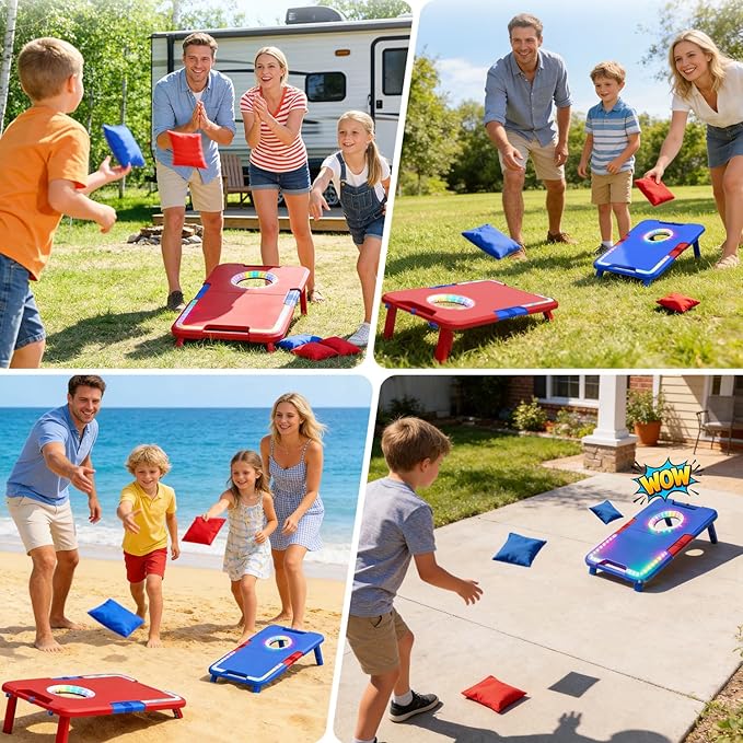 TERRAMUS Light-Up Cornhole Board Set, Corn hole Sets with Sound Effects, 2 Foldable Boards & 8 Bean Bags, Portable Outdoor Toss game, Backyard Party Camping Toys Gifts for Kids,Teens,Family,Ages 6-12+