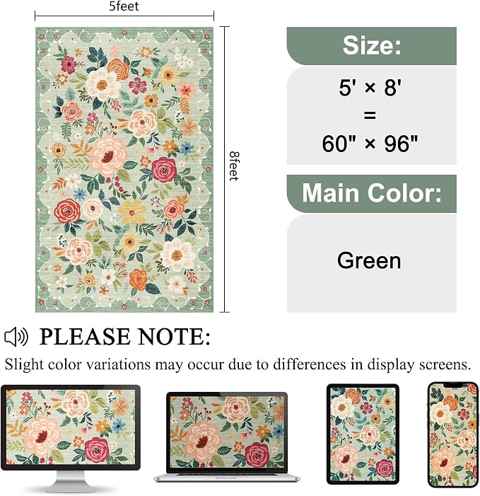 DUKINO 5x8 Area Rug for Bedroom, Floral Washable Rug Non Slip, Green | Low Pile, Non-Shedding, Soft Indoor Rug for Living Room, Dining Room, Kids Room, Office, Nursery, Pet Friendly, Home Decor